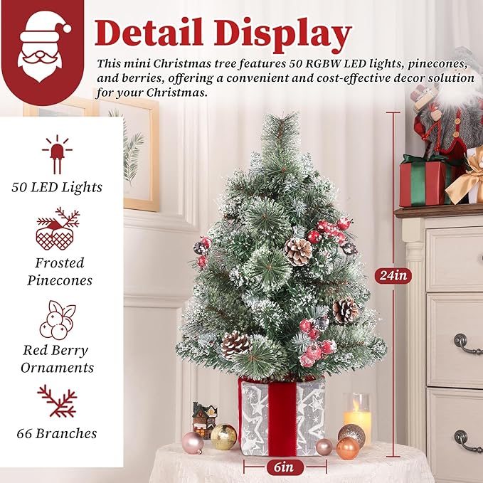 Brightever Small Christmas Tree, 2FT Prelit Mini Christmas Tree with 50 Multi-Color LED Lights, Unique Gift Box Base, Battery Operated Little Xmas Tree for Table Top, Pinecone & Berries Included