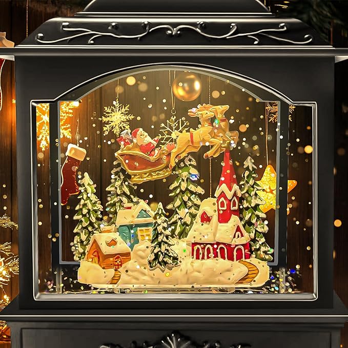 Musical Christmas Snow Globe Lantern with Flying Santa, Swirling Glitter Lighted Water Lantern, 6H Timer, USB or Battery Powered Holiday Decoration
