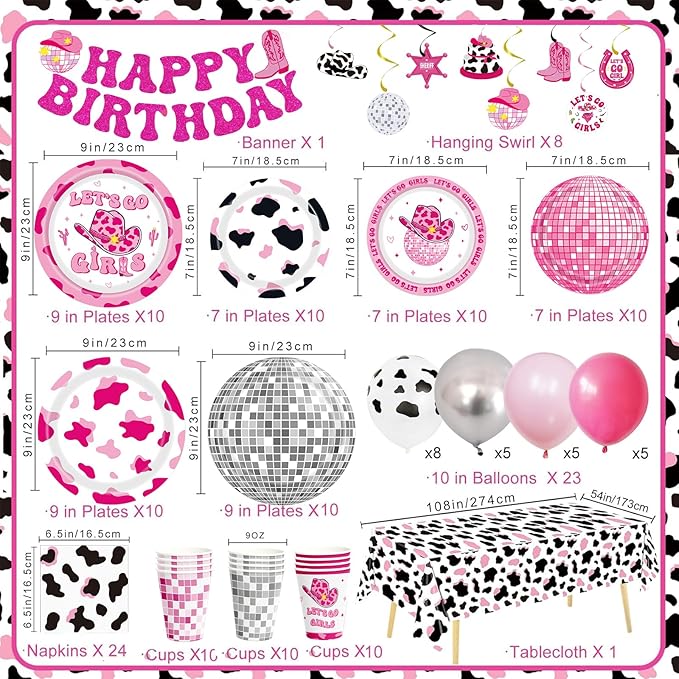 158 PCS Cowgirl Birthday Party Decorations Disco Cowgirl Party Supplies - Includes Plates, Napkins, Cups, Banner, Hanging Swirl, Tablecloth, Balloon for Western Cowgirl Party Decorations, Serve 30