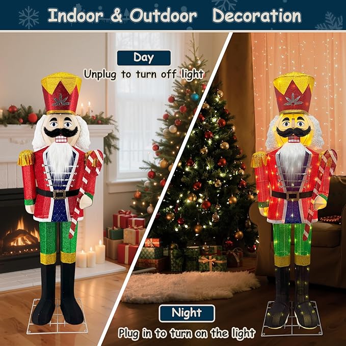 5FT Outdoor Christmas Lighted 3D Nutcracker with Candy Cane,100 LEDs Lighted-up,Outdoor Lighted Holiday Displays with Stakes & Zip Ties for All-Weather Christmas Yard Decoration, Porch, Lawn