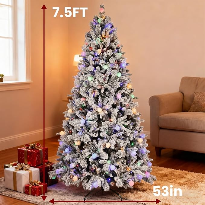 7.5 ft Prelit Flocked Christmas Tree with 400 Multi-Color Changing RGB LED Lights, Twinkle Artificial Christmas Tree with 1523 Tips