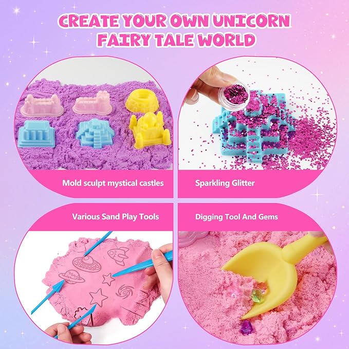 MYDOVA Unicorn Sensory Bin for Girl, Magic Sand Art Kit for Boys and Girl with Sandbox, Castle Molds, 2.18lb 3 Color Sand, Best Unicorn Toy Kits Christmas Birthday Gift for Toddler Ages 3+