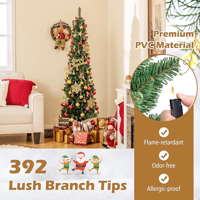 GOFLAME 6FT Pencil Christmas Tree, Slim Artificial Xmas Tree with 392 Memory Wire Branch Tips & Upgraded Metal Stand, Seasonal Holiday Decoration Tree for Home Office Party