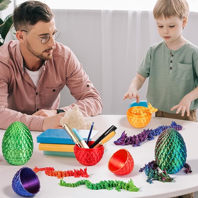 12''3D Printed Dragon and 4.73''Egg - 3D Printed Toys, Articulated Crystal Dragon Egg with Dragons Inside Fidget Toy, Decor Dragons Collectible Figurines (Red Gold,12inch)