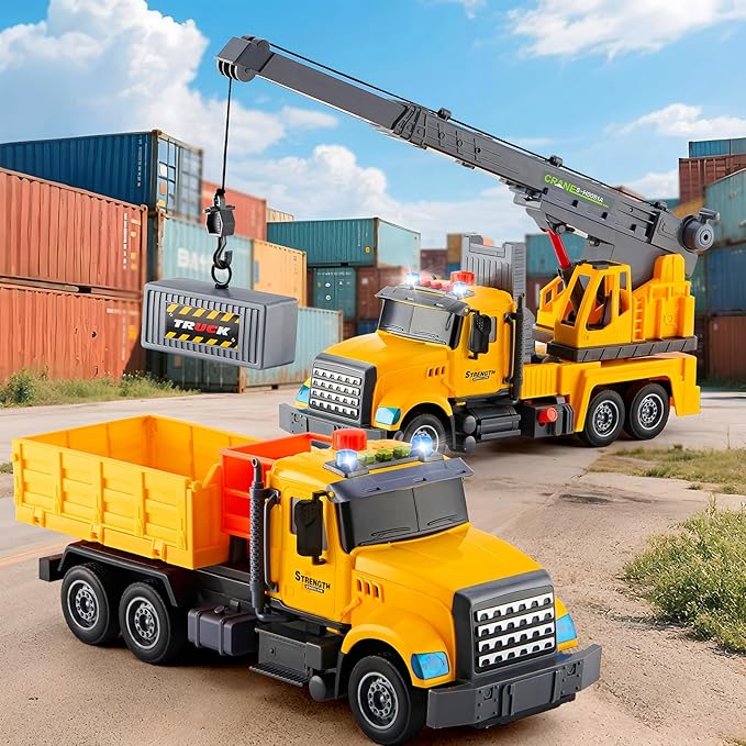 2Pcs Large-Size Construction Engineering Truck Toy Set,Lifting Arm Crane & Lifting Transport Truck Construction Toys,for 3 4 5 6 7 Year old Boys Kids Toddlers Birthday Christmas Gift