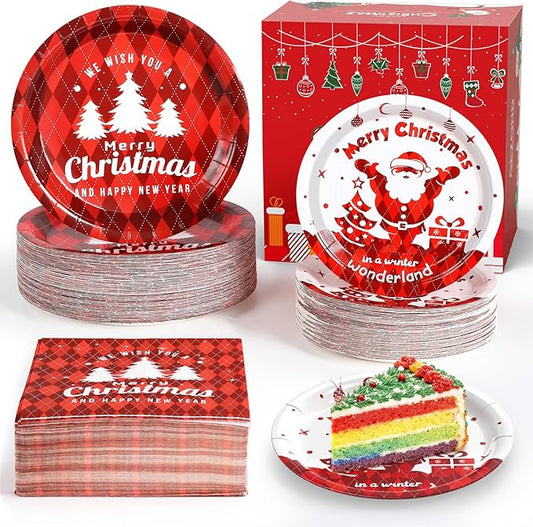 Gezond 200 Pcs Christmas Paper Plates and Napkins, Christmas Tree Red Plaid Disposable Plates, Incloud Dinner Plate Dessert Plate and Napkins for Holiday Party Supplies Serve 50