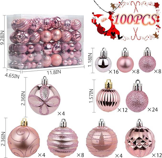 100Pcs Christmas Ball Ornaments Set, Shatterproof Plastic Pink Christmas Ornaments for Xmas Tree, Assorted Baubles Hanging Decorations for Holiday/Party/Wedding (Pink)