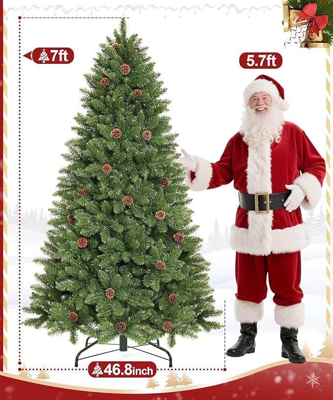 7FT Unlit Realistic Artificial Christmas Tree with Pinecones - Full PVC Xmas Tree for Indoor Holiday Decoration, Easy Assembly