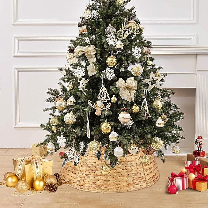 Christmas Tree Collar 24'' D Handmade Hyacinth Tree Collar Basket Rattan Wicker Christmas Woven Tree Ring Stand Base Cover for Christmas Holiday Decoration-Round Natural