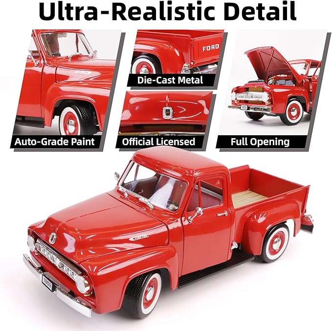 1953 Ford F-100 Pickup Truck 1/18 Scale Die-Cast Metal Model Alloy Collection Cars with Display Case, with Opening Doors, Best Gift for Men, Dad & Kids 14+ Years(Red)