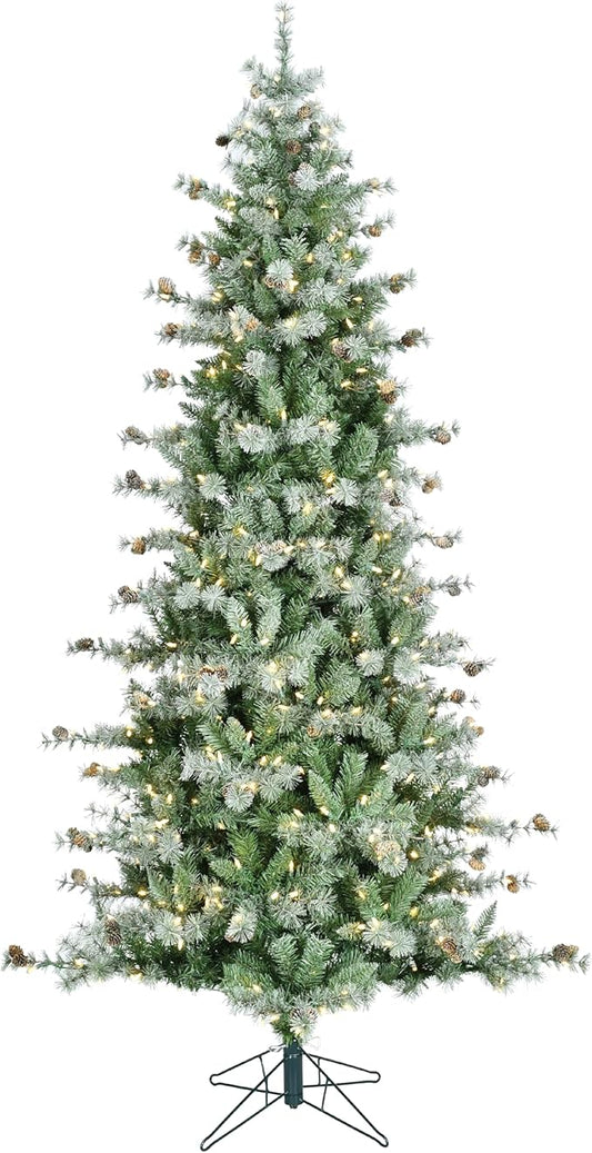 Fraser Hill Farm 9-Ft. Buffalo Fir Slim Artificial Christmas Tree with Warm White LED String Lights, Prelit Foldable Fake Tree with Realistic Snowy Foliage and Pinecones for Home Decoration