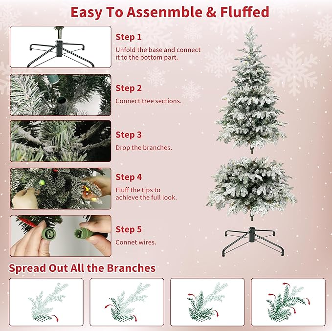 4Ft Pre-Lit Artificial Snow Flocked Christmas Tree, PE & PVC Mixed Layered Christmas Tree Hinged Tree with Lights and Metal Stand, Slim Xmas Tree for Holiday Decor