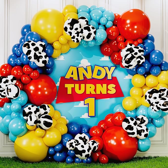 ALL-IN-1 Toy Story Balloons Garland Kit & Arch for Toy Story Birthday Party and Baby Shower Decorations - Toys Story Balloons Latex with Cow Pattern for Woody and Buzz Lightyear Theme Supplies
