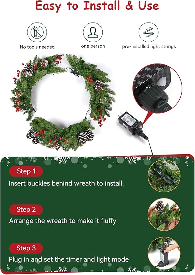 Brightown 24 Inch Pre-Lit Artificial Christmas Wreaths for Front Door,Christmas Decorations Indoor with Pine Cones & Berry Clusters, Christmas Wreath with 50 Lights for Fireplace Wall Window, Plug-in