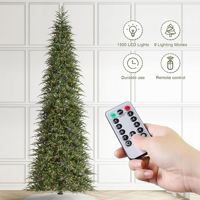 Glitzhome 15ft Prelit Christmas Tree, Hinged Slim Artificial Christmas Tree, Radiant Evergreen Fir with 1500 Warm White/Multi-Color LED Lights,9 Function,w/Remote Control,Easy Assembly