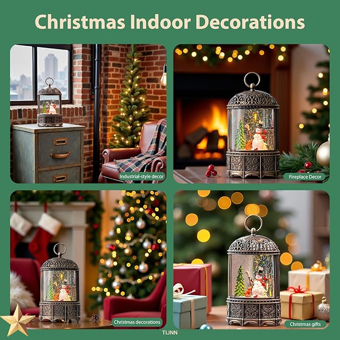11" Christmas Snow Globe Lantern Winter Home Decor Rotating Snowflakes with Music and Timer Function USB or Battery Powered (Snowman)