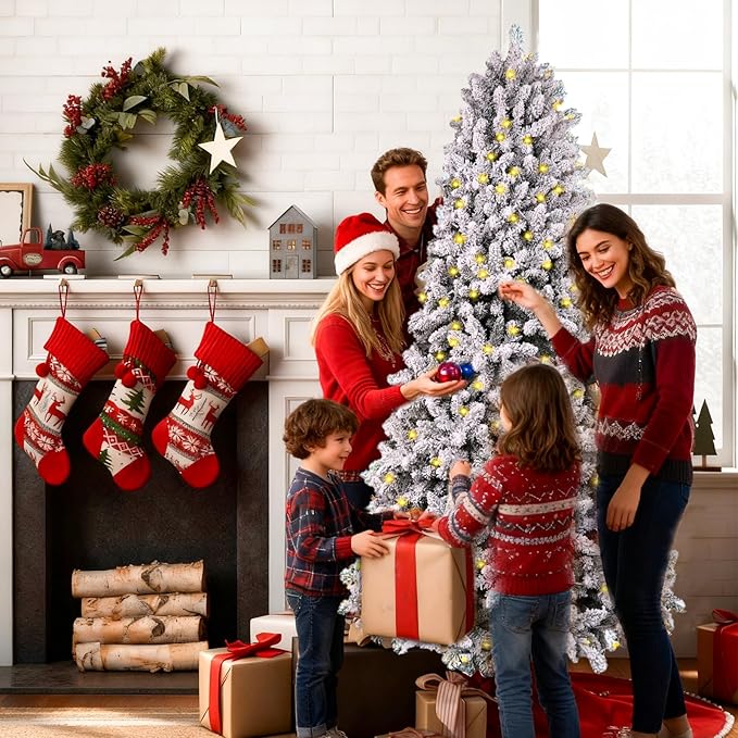 7.5 ft Flocked Christmas Tree Prelit, Include Premium Stand & Storage Bag, 798 Warm & Multi-Color Automatic Lights, 3-Minute Quick Power Connect, 1869 PVC Branch Tips for Indoor Holiday Decorating