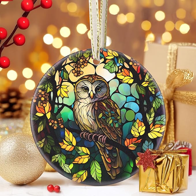 Owl Ceramic Christmas Ornament, 3.5 Inch Hanging Ornament for Christmas Tree, Gifts & Holiday Presents