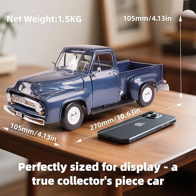 1953 Ford F-100 Pickup Truck 1/18 Scale Die-Cast Metal Model Alloy Collection Cars with Display Case, with Opening Doors, Best Gift for Men, Dad & Kids 14+ Years(Dark Blue)