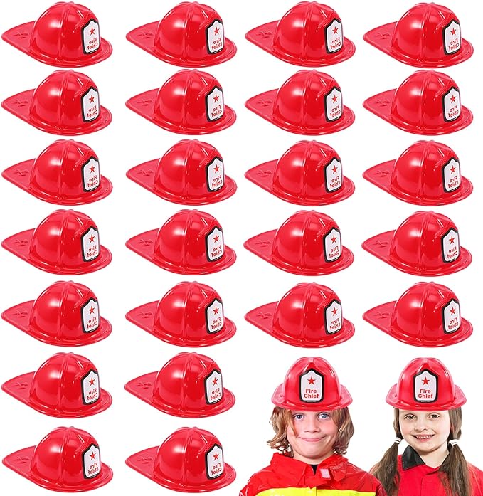 24 PCS Firefighter Hats for Kids,Kids Firefighter Helmet Fire Chief Helmet,Plastic Fireman Hat,Red Children’s Fireman Helmet,Firefighter Hat Costume Dress Up Accessory
