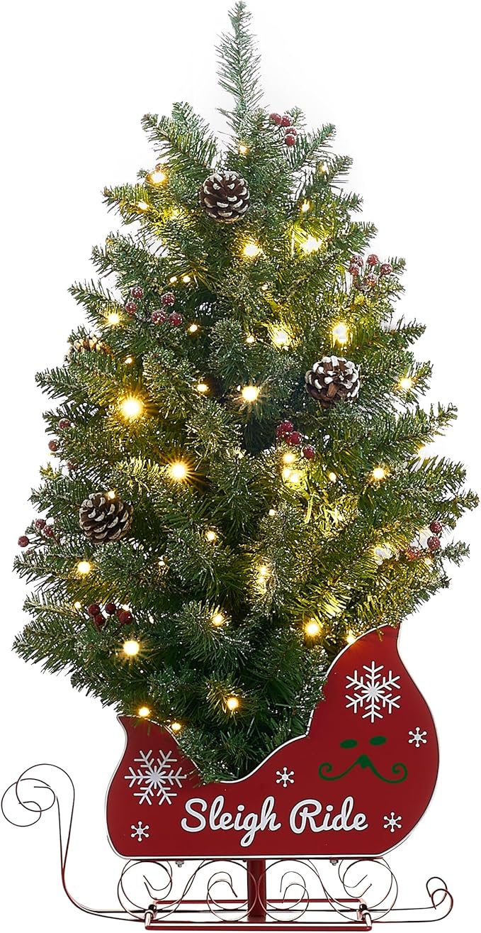 3FT Small Christmas Tree, Artificial Christmas Tree with 78 LED Lights & Bobsleigh Base, Prelit Mini Tree for Christmas Decor, Tabletop Christmas Tree, 8 Modes Remote Control, Timer Battery Operated