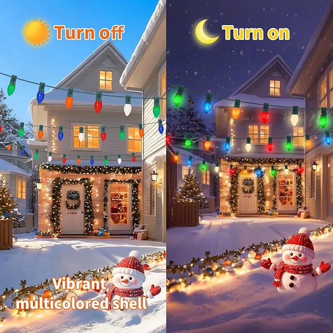 50FT C7 LED Christmas Decorations Lights Outdoor, Multicolor Christmas Lights Green Wire with 50+5 Multicolored C7 LED Light Bulbs, Vintage Decor Light for Xmas Tree Home Yard Party Decor, E12 Base