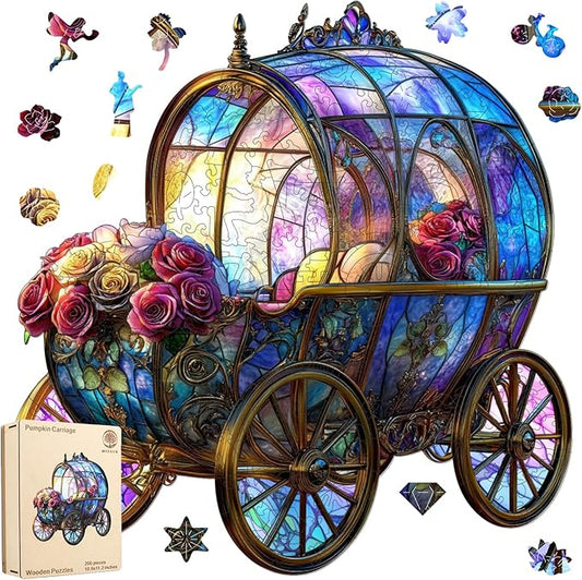 Wooden Puzzles, Pumpkin Carriage Jigsaw Puzzles 200 Pieces, 5MM Thick Unique Shaped Flower Brain Teaser Puzzles Birthday Gifts for Kids Family Game 10.9 * 11.2inch