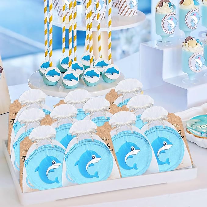 15 Pack Dolphin Mini Coin Purses with Keyring for Dolphin Ocean Sea Animals Under the Sea Themed Party Supplies, Kids Baby shower Birthday Decoration,Blue