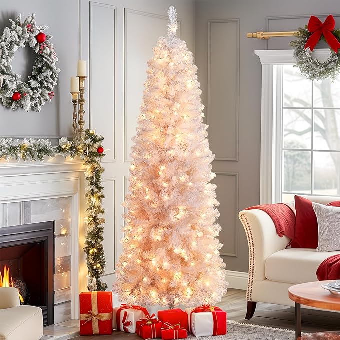 SHareconn 4ft Prelit Artificial Hinged Slim Pencil Christmas Tree with Warm White Lights, Full Branch Tips, Perfect Choice Decoration for Xmas Holiday, 4 FT, White
