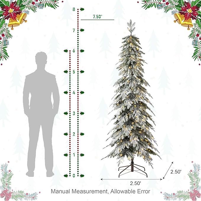 Glitzhome 7.5ft Prelit Christmas Tree, Artificial Christmas Tree with 350 Warm White Lights, Flocked Pencil Christmas Trees Chicago Frostwood Spruce with 1211 PE&PVC Branch Tips,Sturdy Metal Stand