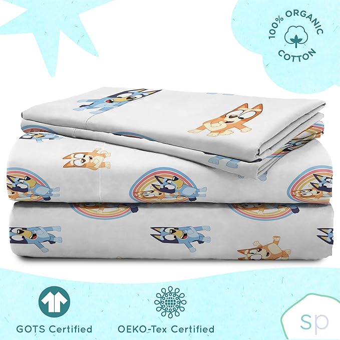 Saturday Park Bluey and Bingo Rainbow Clouds Full Sheet Set - 4 Piece 100% Organic Cotton Sheets with Pillow Cover - GOTS & Oeko-TEX Certified