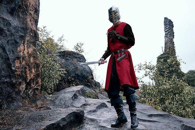 Ryannology Mens Crusader Costume Medieval Templar Renaissance Knight Warrior Tunic Retro Halloween Cosplay Top with Cross