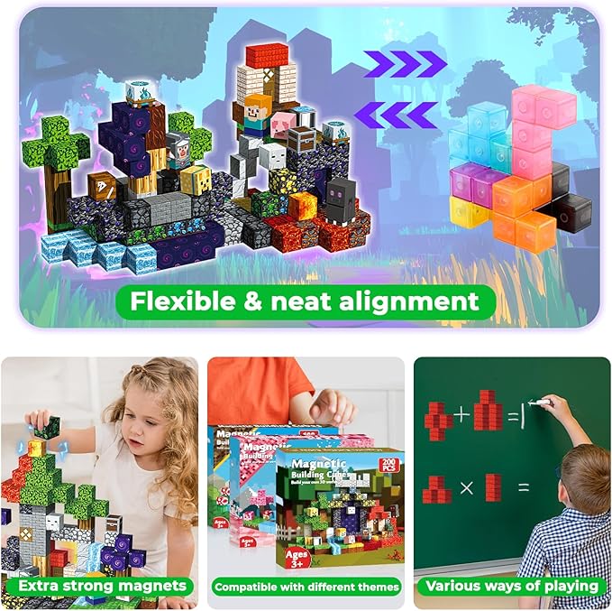 200 PCS Magnetic Blocks - Magnet Tiles Toys for Kids, Boys and Girls, Magnetic Building Blocks Cubes, Stacking Magnets for Kids, Birthday Gifts for Boys and Girls Age 3+ Years Old
