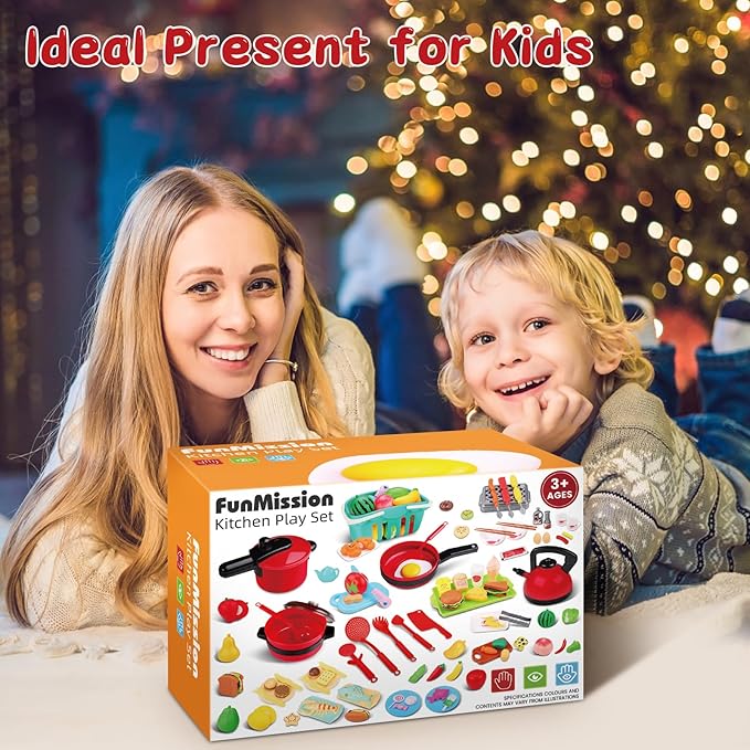 134 Pcs Toy Kitchen Accessories, Pretend Cooking Toys with BBQ Grill, Pressure Cooker, Kettle, Pots, Pans, Kitchen Playset for Cutting Play Food, Christmas Birthday Present for Boys Girls