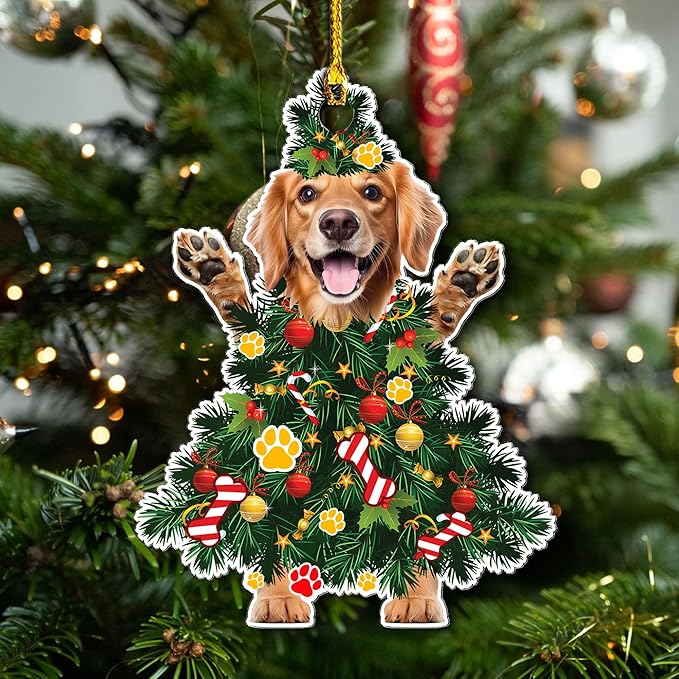 2025 Golden Retriever Dog Christmas Ornament - Adorable Dog Dressed as a Christmas Tree - Fun and Festive Acrylic Decoration (Golden Retriever Xmas Tree)