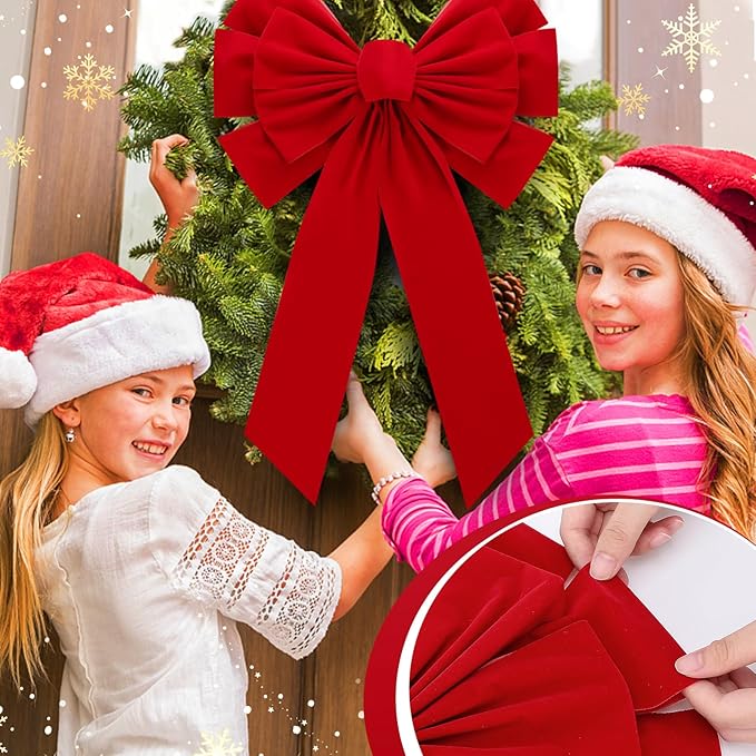 MEWTOGO 2 Pcs Large Christmas Red Wreath Bows - 23.6×15.7 in Velvet Red Bows with Golden Tie, Easy Hanging for Window Stairs Outdoor Porch Christmas Decoration Gifts Indoor Party Supplies