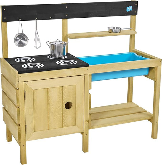Mud Play Kitchen For Kids - Indoor, Outdoor Wooden Toy Toddler Kitchen Playset with Accessories, Durable, Weatherproof, Removable Sink, Chalkboard, Wood Burner Stencils, Easy Assembly, Ages 3+