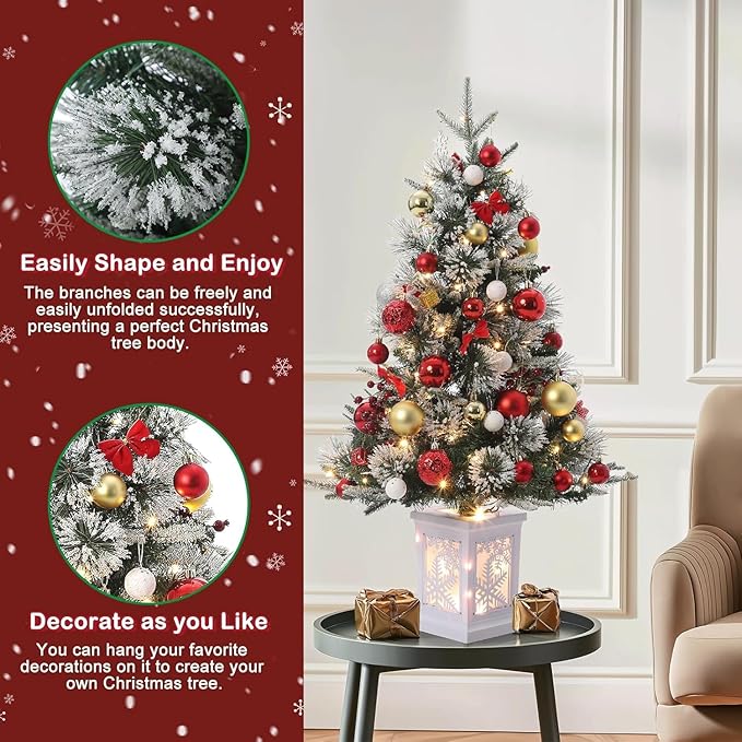 3FT Prelit Artificial Christmas Tree with Lights, 3 Foot Artificial Christmas Tree with Snowflake Base, 78 LED Prelit Christmas Tree, Battery Operated, Timer, Easy Assembly, Winter Holiday Decor