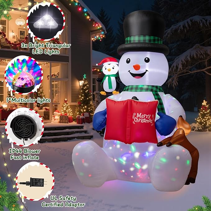 Dawdix 7 FT Christmas Inflatable Snowman Outdoor Decorations, Blow up Snowman Yard Decor Built-in Colorful Rotating LED, Penguin & Reindeer Christmas Decoration, Xmas Holiday Decor for Garden Lawn