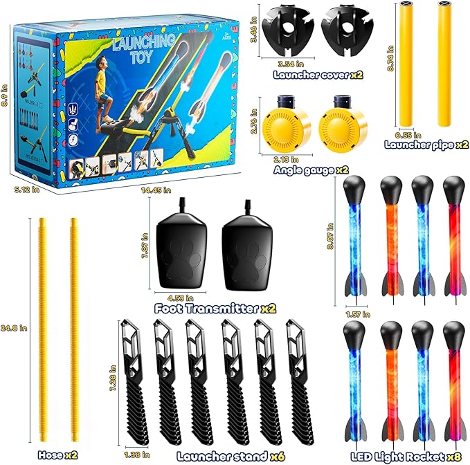 Rockets for Kids Age 4-8 with 8 LED Rockets and 2 Launcher - Outdoor Toys for 4 5 6 7 8-12 Year Old Boy Birthday Gift, Air Powered Flying Toy Shooting Up to 100 Feet, Toys for Kids Ages 8-12