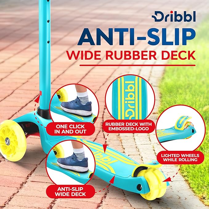 3-Wheel Kids Scooter - Lean-to-Steer Technology, Adjustable Height Handlebar, Wide Deck, Scooter for Boys & Girls Ages 3+, Child Safety Approved, Support Riders Up to 165 lbs, Aqua and Yellow