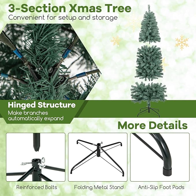 GOFLAME 6.5FT Pre-Lit Pencil Christmas Tree, Hinged Artificial Xmas Tree with 556 Branch Tips, 200 LED Lights, 9 Lighting Modes & Folding Metal Stand, Slim Holiday Decoration Tree for Home Party