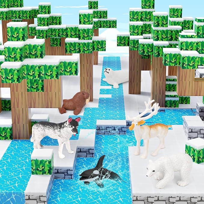 Magnetic Blocks 110PCS with 6 Animal Toys, Snow World Building Blocks Set, Boys & Girls Age 4-6,5-7,6-8, Stacking Building for Toddlers & Kids 3+