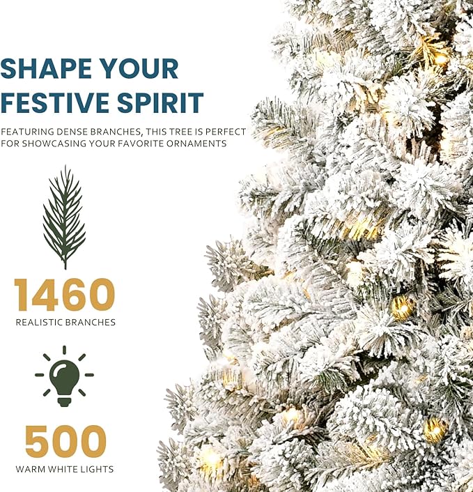 Kadunmina 8ft Pre-lit Artificial Christmas Tree, Hinged Snow Flocked Xmas Trees with 500 Incandescent Warm White Lights, 1460 Branch Tips and Metal Stand for Home, Office, Holiday Decor,Green & White