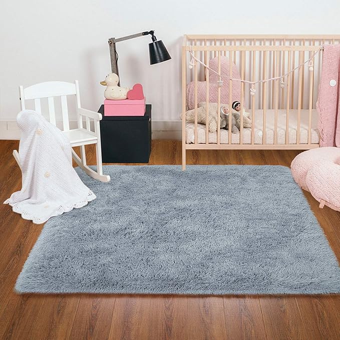 Ompaa Fluffy Area Rugs, Super Soft Shaggy Rug Fuzzy Long Fur Carpets for Bedroom Living Room Decor, 4 x 6 Feet Gray Blue