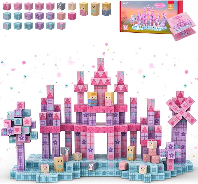 100 PCS Magnetic Blocks for Kids Ages 3 4 5 6 7 8 9 10, STEM Sensory Building Toys, Princess Castle Magnetic Toys, Christmas Birthday Gifts for Girls Toddlers