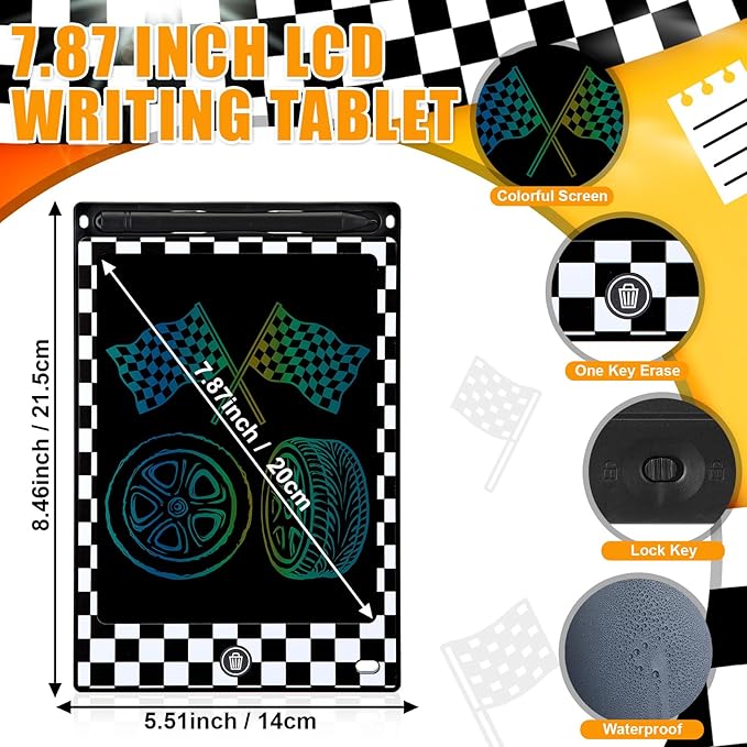 Nezyo 12 Pack Large Race Car Party Favors LCD Writing Tablet for Kids 8.5 Inch Race Car Drawing Tablet Erasable Reusable Electronic Black and White Checkered Drawing Pads for Birthday Supplies Gifts