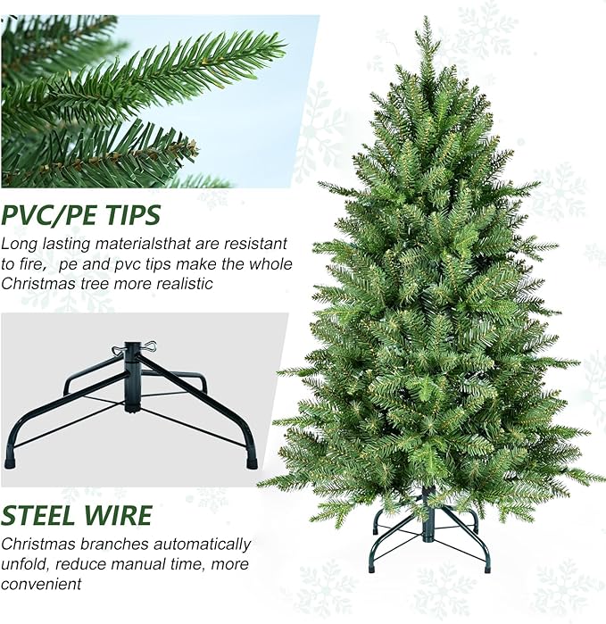 4FT Artificial Christmas Tree with 668 PE&PVC Mixed Branch Tips, Unlit Hinged Premium Spruce Fake Xmas Trees, Green, Foldable Base