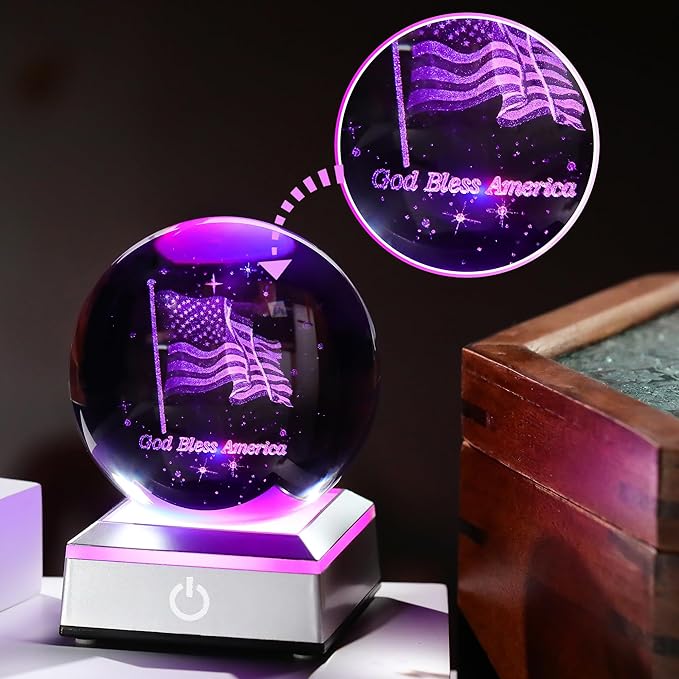 Ornalrist 3D Crystal Ball Engraved American Flag Gifts for Men, Women, Him Father - Crystal Ball Engraved USA Flag & God Bless America Text 3.15in with Colorful LED Light Base Home Decor