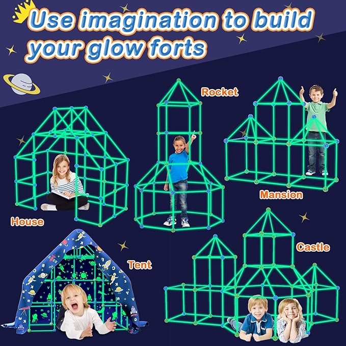 160PCS Kids Fort Building Kit Glow in the Dark Build a Fort with Blanket STEM Educational Toys for 4 5 6 7 8 9 10 11 12 Years Boys Girls Ultimate Construction Gift DIY Forts Builder Set Indoor Outdoor